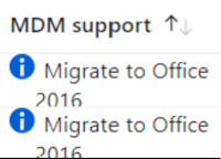 지원되지 않고 Microsoft Intune 지원되는 버전으로 마이그레이션을 제안하는 이전 Office 설정을 보여 주는 스크린샷