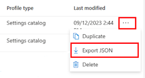 Microsoft Intune 및 Intune 관리 센터에서 설정 카탈로그 정책을 JSON으로 내보내는 방법을 보여 주는 스크린샷