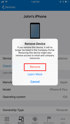 사용자가 디바이스 제거 단추를 클릭한 후의 옵션을 보여 주는 회사 포털 앱 디바이스 화면의 스크린샷 빨간색으로 강조 표시된 