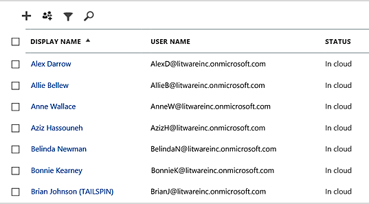 Microsoft 365 관리 센터 사용자 및 그룹 표시의 예입니다.