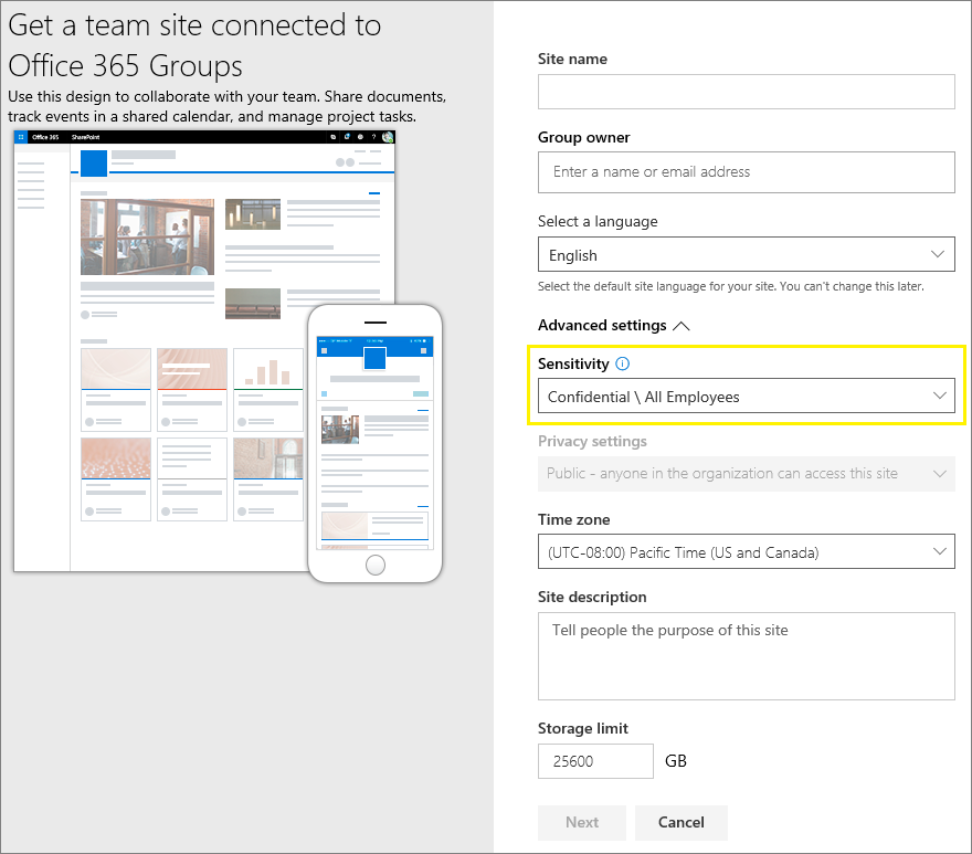 SharePoint에서 팀 사이트를 만들 때의 민감도 레이블.