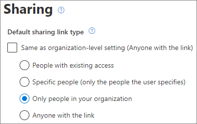 SharePoint 사이트 수준의 기본 링크 유형 설정 스크린샷.