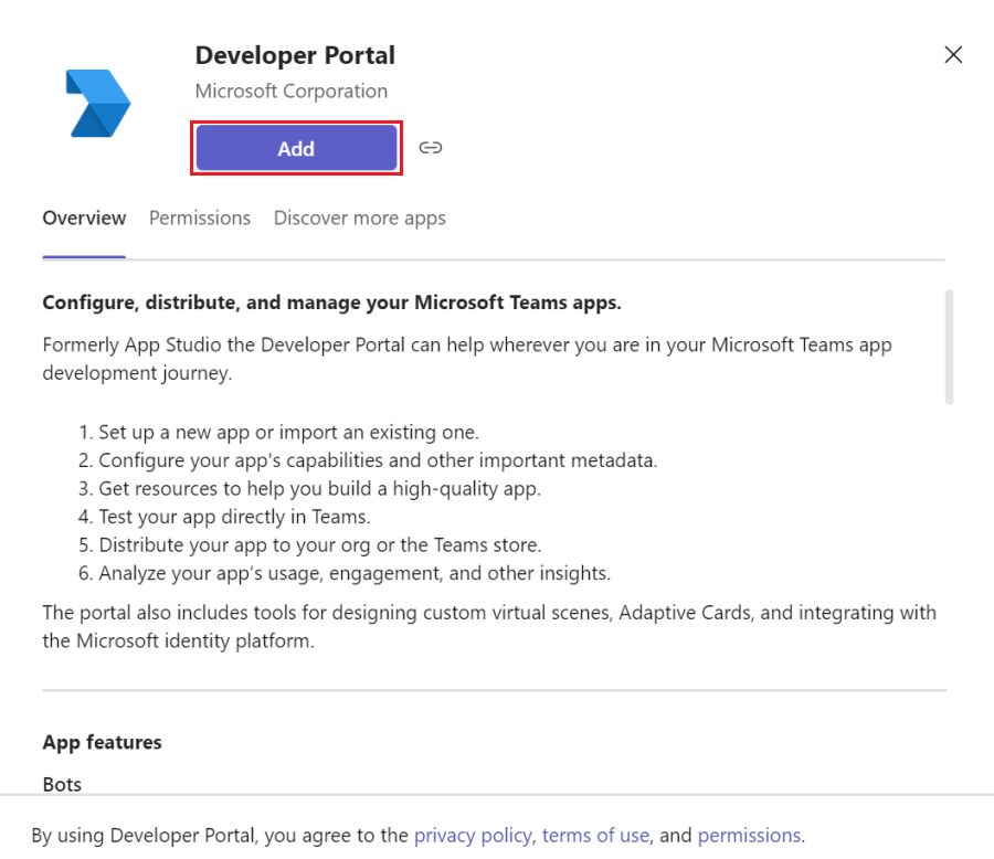 Screenshot shows how to add Developer Portal in Teams client.