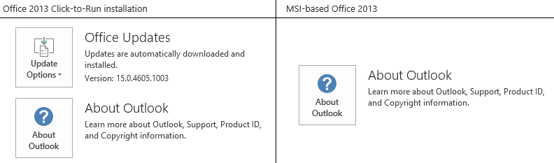스크린샷은 Office 계정에서 Office 간편 실행 버전과 MSI 기반 버전 간의 차이점을 보여 줍니다.