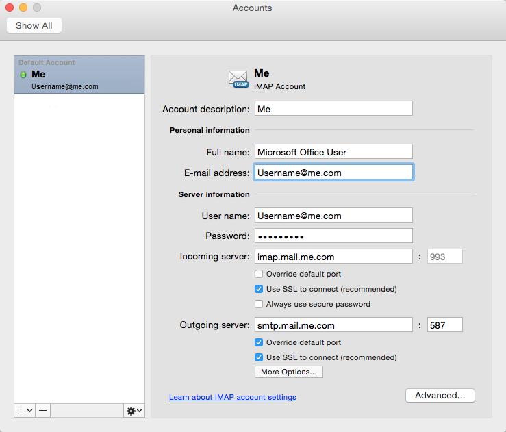 스크린샷은 Mac용 Microsoft Outlook에서 Apple iCloud 전자 메일 계정을 구성하는 단계를 보여줍니다.