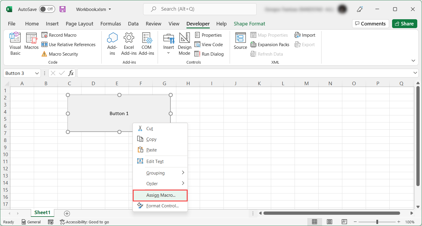 Excel 버튼의 매크로 할당 옵션 스크린샷입니다.