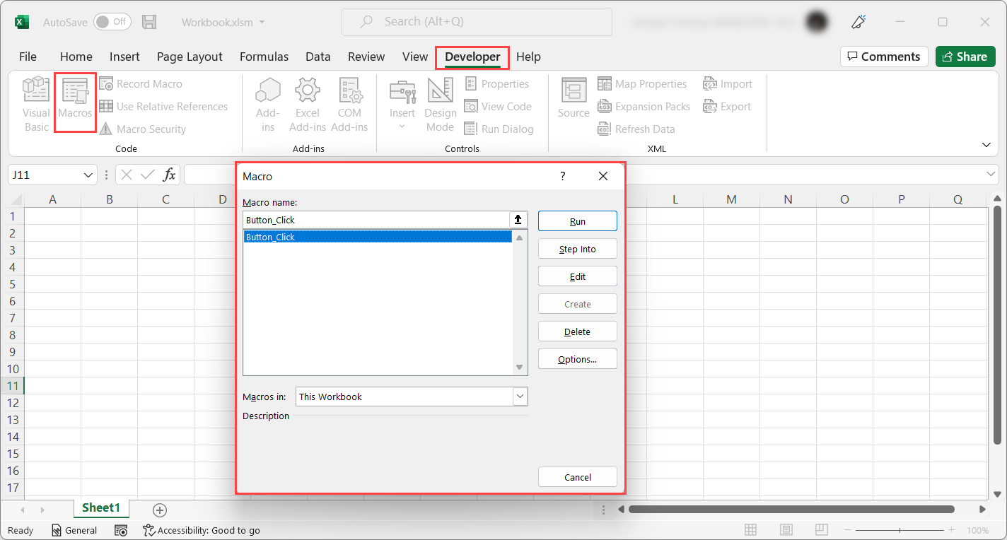 Excel의 개발자 탭에 있는 매크로 옵션의 스크린샷입니다.