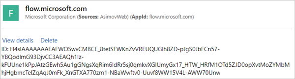 Microsoft 개인 정보 대시보드에서 Power Automate 이벤트를 삭제하는 스크린샷.