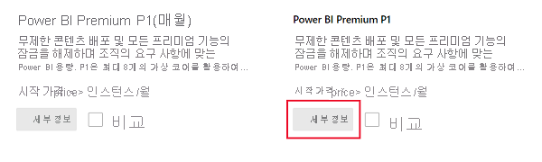 Screenshot that shows purchase options for Power B I Premium with the Details button selected.