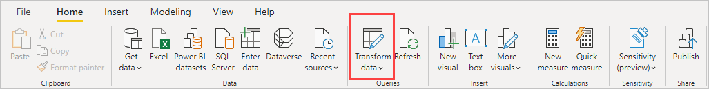 Screenshot shows the Home ribbon with Transform data highlighted.