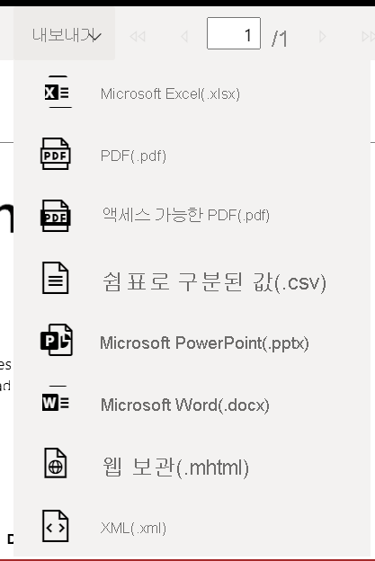 Screenshot showing the formats for exporting a paginated report.