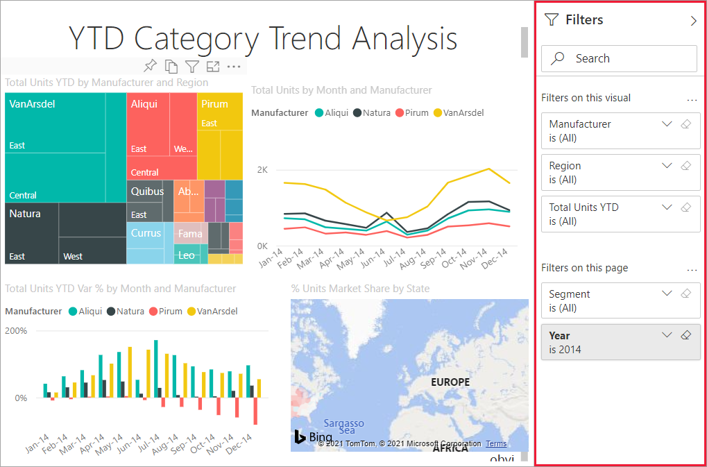 Screenshot of a report open in the Power BI service with the Filters pane expanded.