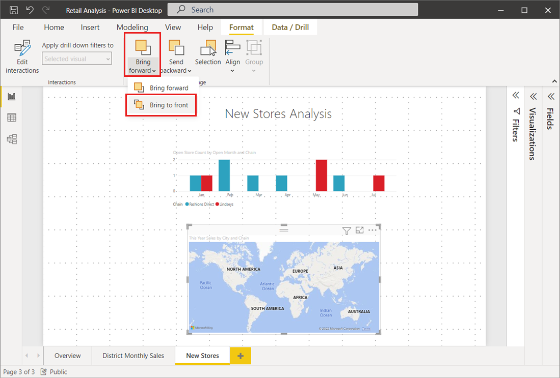 Screenshot of the Power BI Desktop canvas, showing the Bring forward menu with the Bring to front option selected.