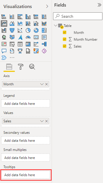 Screenshot of the Power BI service Visualizations and Fields panes. In the Visualizations pane Fields section, the Tooltips fields bucket is highlighted.