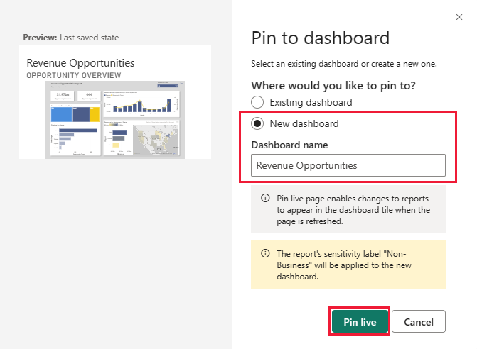 Screenshot shows the Pin to dashboard dialog box for adding to a new dashboard.