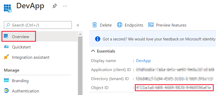 Microsoft Entra 애플리케이션의 개요 블레이드에 있는 개체 ID를 보여주는 Azure Portal 창의 스크린샷