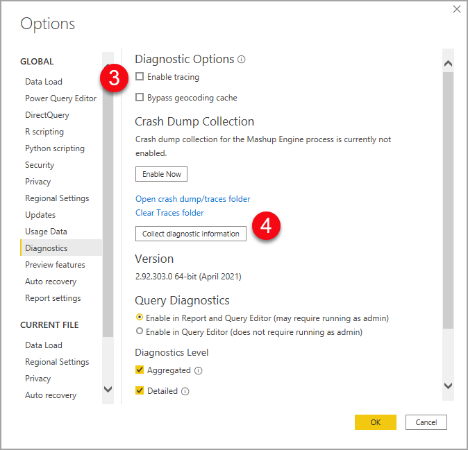 Screenshot of the Power BI Desktop options panel with enable tracing and collect diagnostic information highlighted.