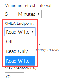 읽기 및 쓰기가 선택된 XMLA 엔드포인트 설정을 보여 주는 스크린샷