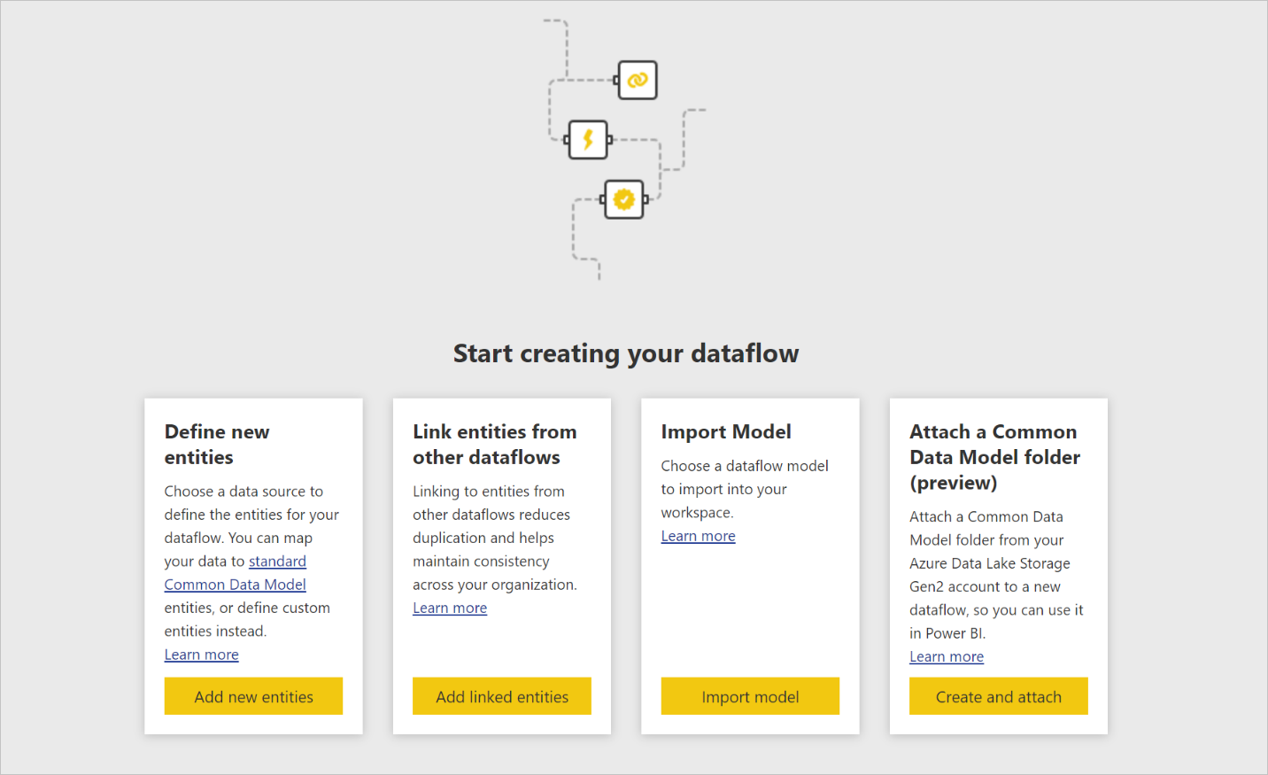 Screenshot of options for creating a dataflow.