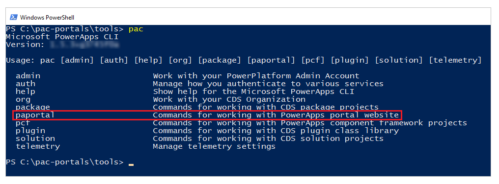 Microsoft Power Platform CLI에서 paportal 명령을 확인합니다.