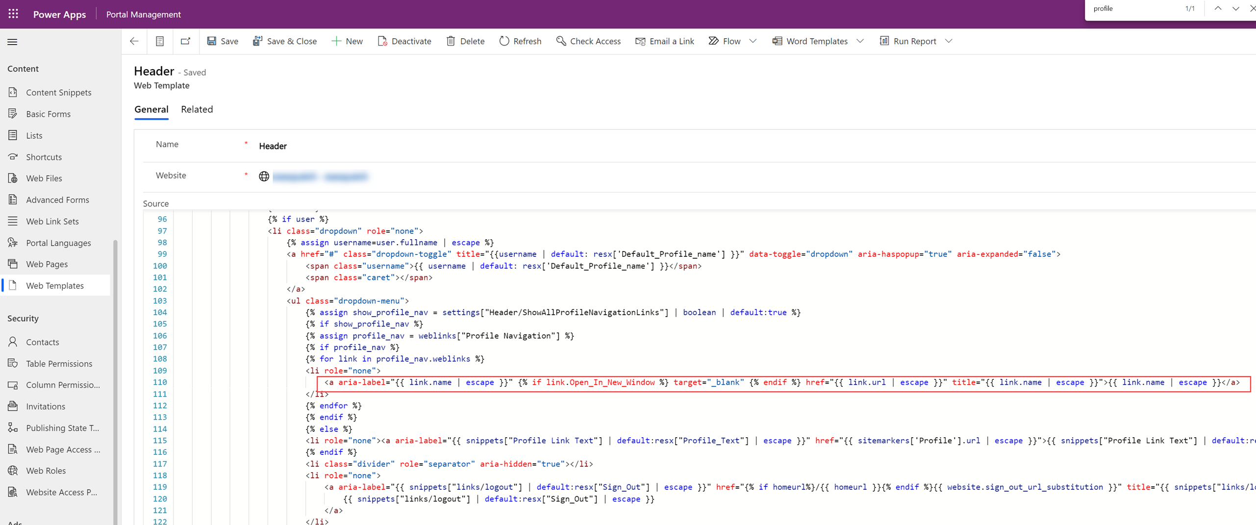 헤더 웹 템플릿에서 업데이트할 코드 줄 표시.