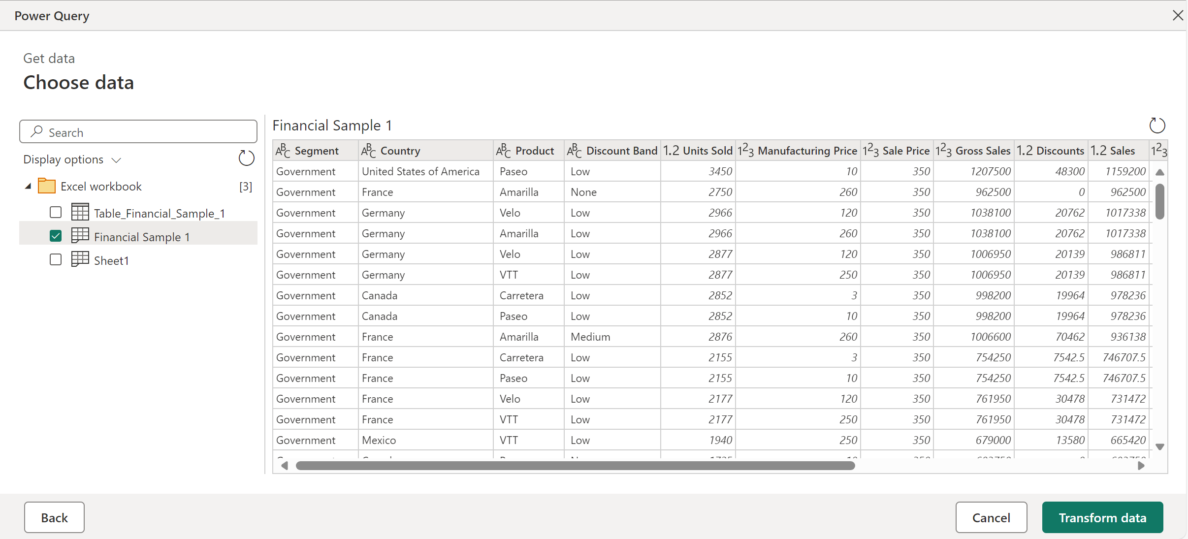 파워 쿼리 온라인 탐색기로 가져온 Excel 통합 문서의 스크린샷
