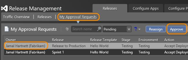 From the Releases tab, choose My Approval Requests
