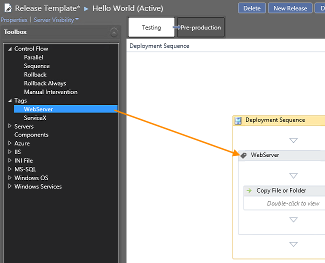 Select tag and drag to the deployment sequence; drag actions to the sequence for this tag
