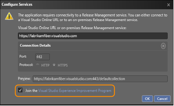 Choose Edit on the Settings tab; uncheck Join the Visual Studio Experience program in the Configure Services dialog
