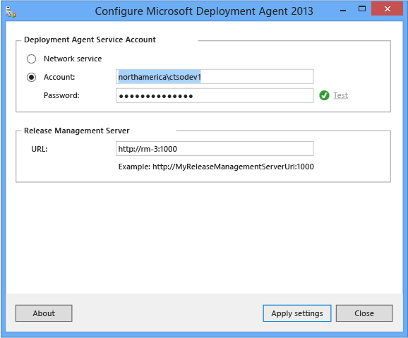 Configuring the agent service account and server location