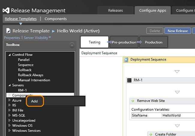 Configure Apps tab, Release Templates, right-click Components and choose Add