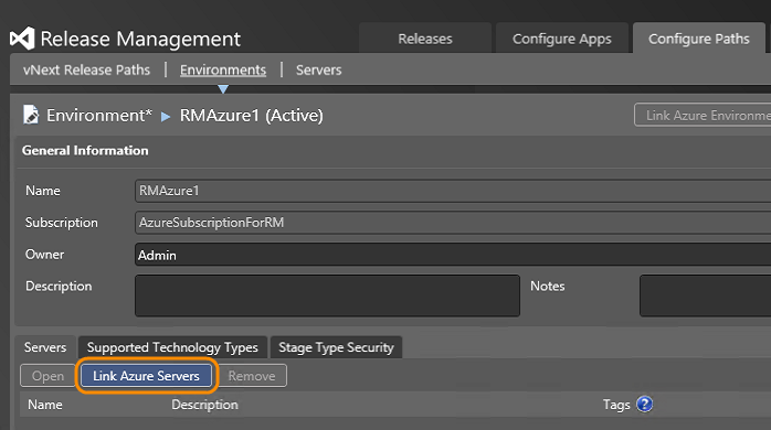 From the Environments tab, click Link Azure Servers