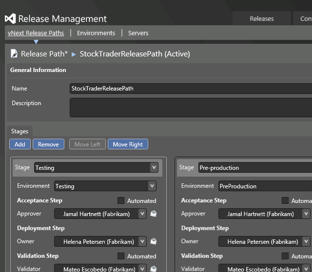 vNext Release Paths tab; click Add in Stages section