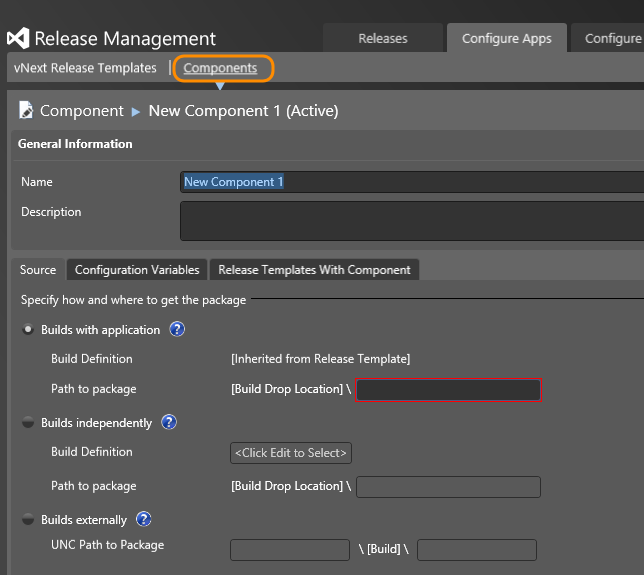 Configure Apps tab; Components tab; click New to add a component