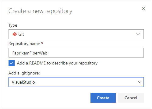 Set options for your new repo in the Create a Git repo dialog