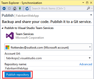 Publish your VS project to a new Git repo in Azure Repos