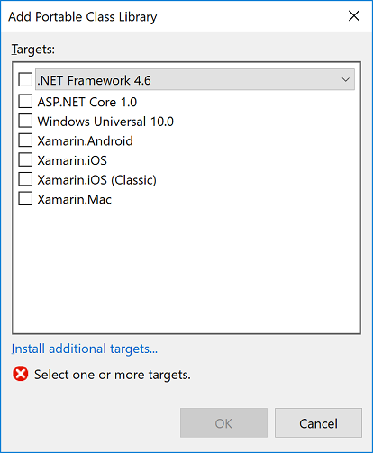 Add portable class library targets in Visual Studio