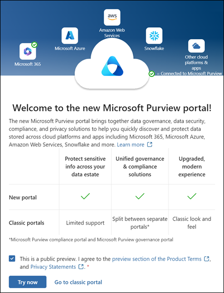 Microsoft Purview 포털을 환영합니다.