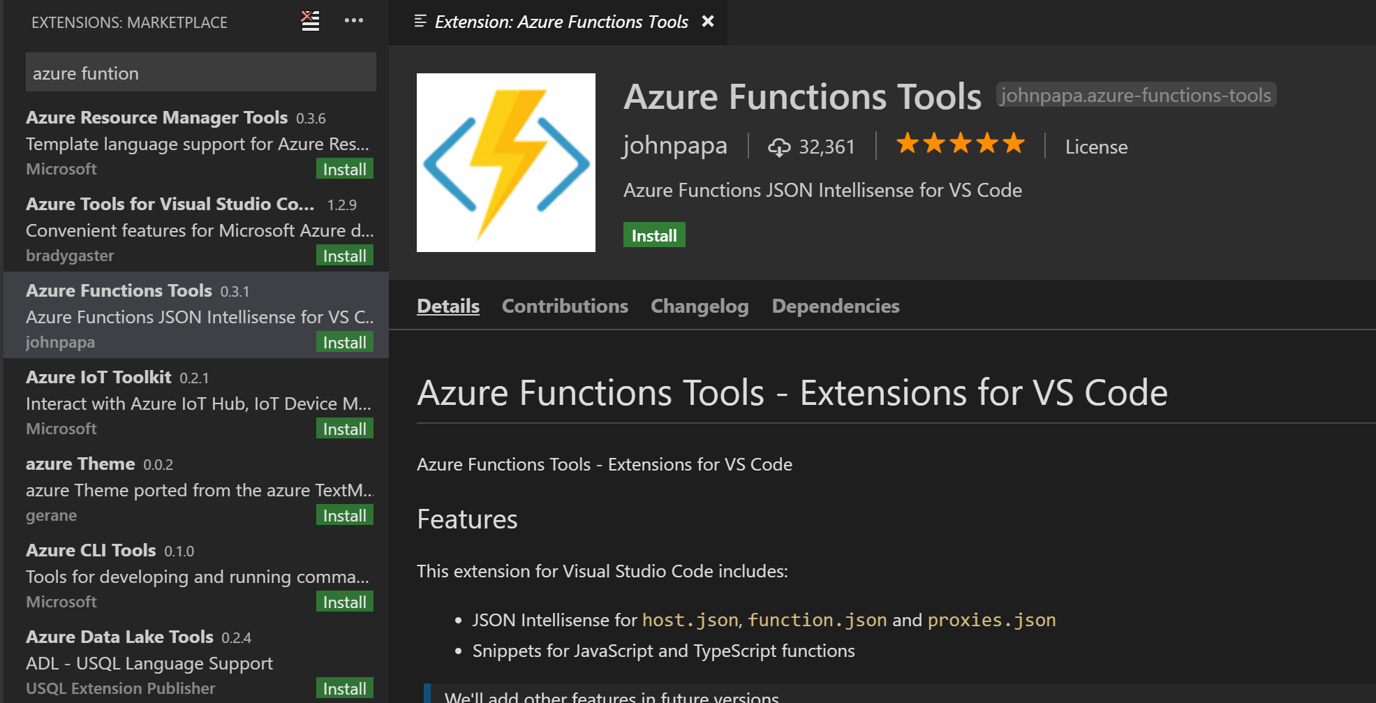 Azure Function tools for Visual Studio Code Extension