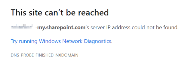 스크린샷은 OneDrive 또는 SharePoint에 액세스할 때 이 사이트에 연결할 수 없다는 오류를 보여줍니다.