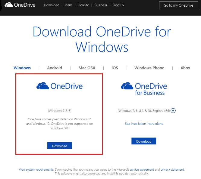 OneDrive의 홈페이지에서 OneDrive를 다운로드하는 스크린샷