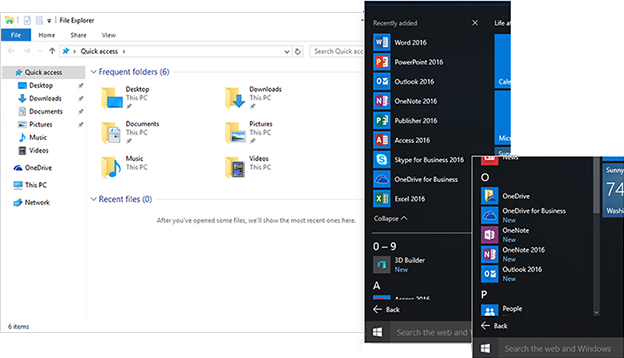 스크린샷은 Windows 10 Office 2016을 설치한 후 Windows Explorer 및 시작 메뉴의 보기를 보여줍니다.
