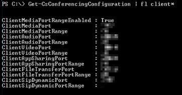 Get-CsConferencingConfiguration 명령과 포트 범위의 결과를 보여 주는 CMD 화면을 보여 주는 스크린샷