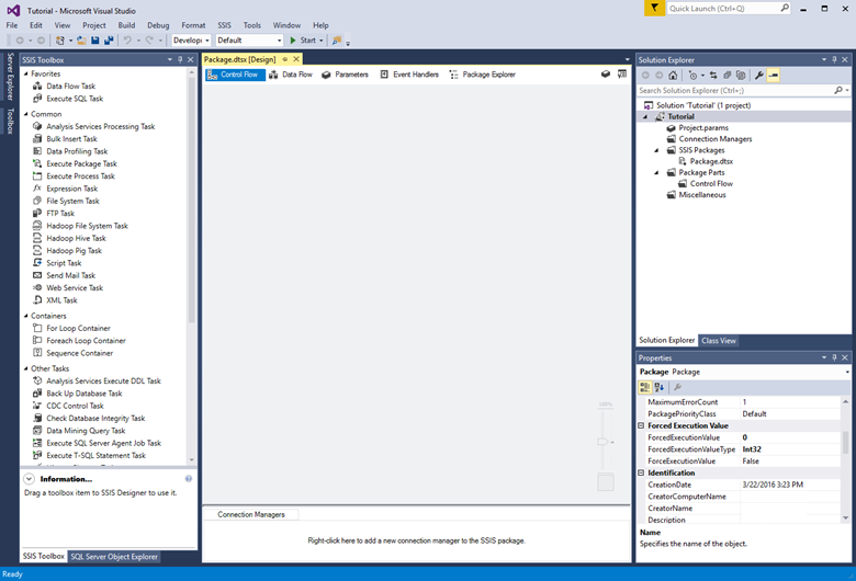 도구 상자 창, 디자인 창, 솔루션 탐색기 창 및 속성 창이 표시된 Visual Studio의 스크린샷.