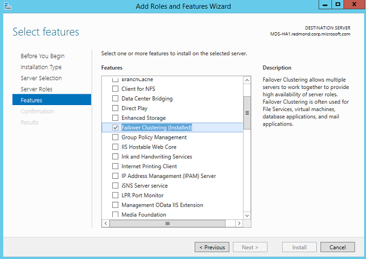 Add Roles and Features Wizard, Failover Clustering