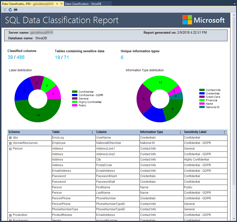 SQL 데이터 분류 보고서를 보여 주는 스크린샷입니다.