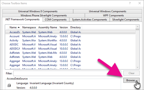 Screenshot of Visual Studio, highlighting the Browse button in the .NET Framework Components dialog.