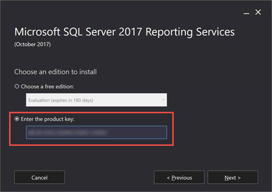 제품 키에 대한 필드를 강조 표시하는 SQL Server 2017 설치 창의 스크린샷.