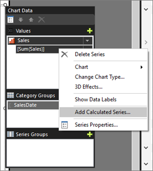 Screenshot that shows how to add calculated series to the Report Builder column chart.