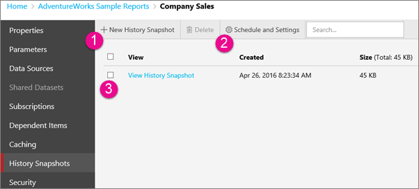 Screenshot that shows the History Snapshots page of the Edit Company Sales dialog box with three numbered circles for the steps below the screenshot.